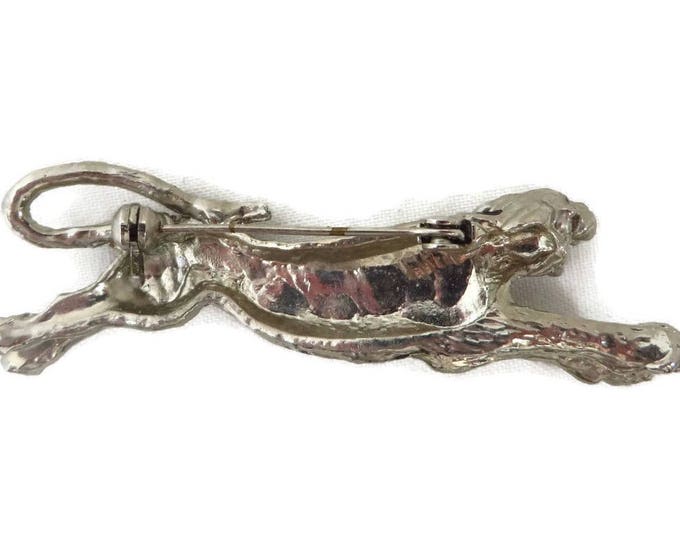Vintage Leopard Brooch Silver Tone Leopard Pin 1970s Animal Pin Wide Enamel Brooch
