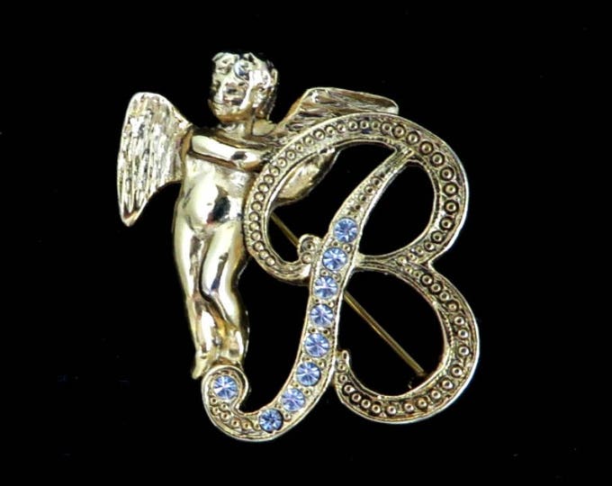 Initial B Rhinestone Brooch, Vintage Guardian Angel Pin, Gold Tone Letter B Birthday Gift Idea