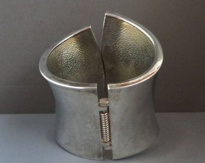 Silvertone Curved Cuff, Vintage Wide Hinged Statement Bracelet