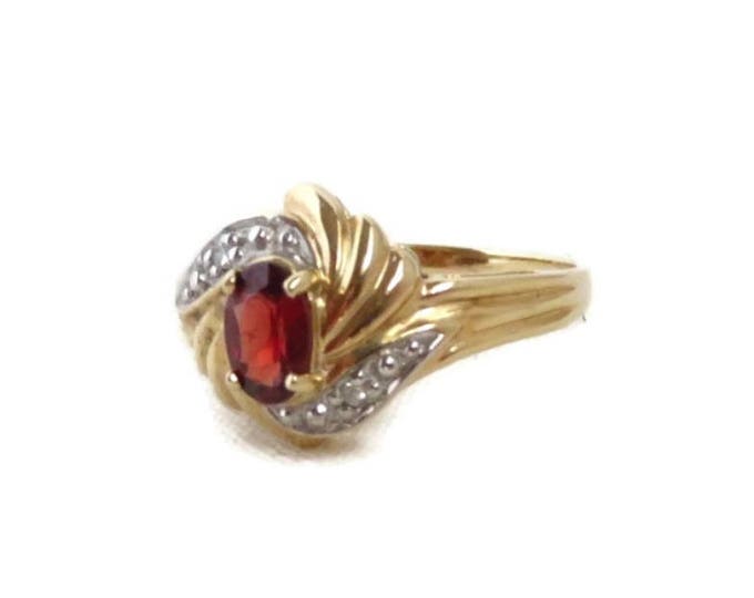 Garnet Ring, 10K Gold Ring, Garnet & Diamond Ring, Vintage Yellow Gold Cocktail Ring, 0.60 Carat, Size 6