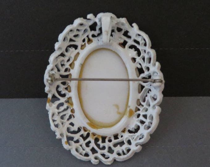 White Flowered Pendant Brooch, Vintage Filigree Pendant Pin, Painted Floral Romantic Brooch