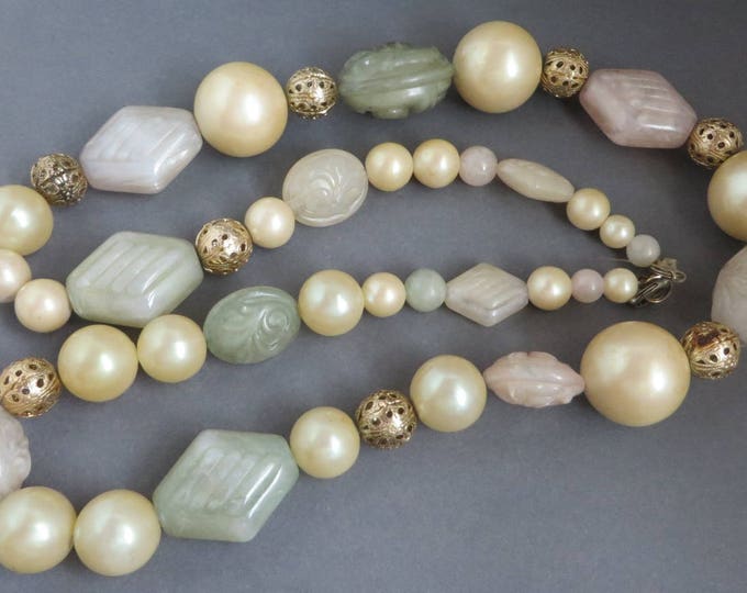 Chunky Necklace, Beaded Necklace, Faux Pearl & Lucite, Vintage Boho Green, Lavender, White Necklace, Gift For Her