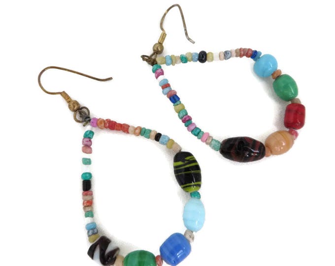 Dangling Bead Hoop Earrings, Vintage Boho Multicolor Pierced Earrings