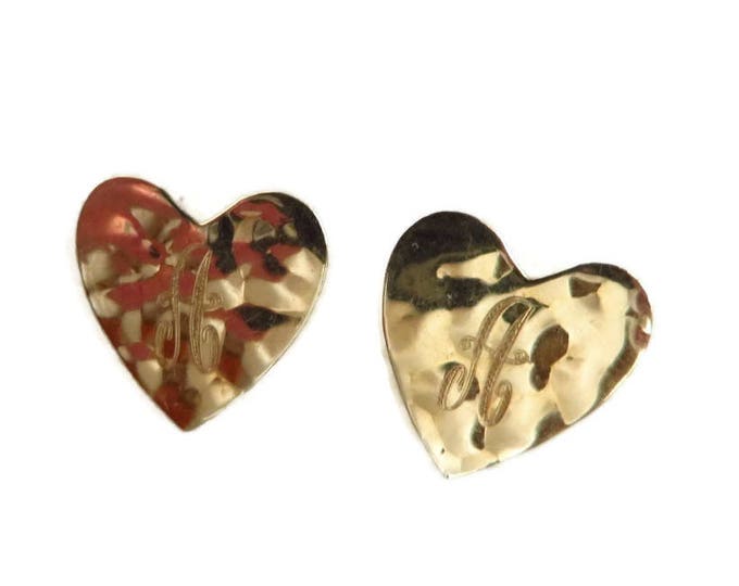 14K Gold Heart Earrings, Initial A Pierced Stud Hammered Gold Earrings