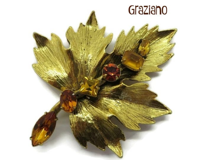 Vintage Graziano Brooch Gold Tone Amber Rhinestone Brooch, Vintage Designer Signed Estate Costume Jewelry Gift for Her