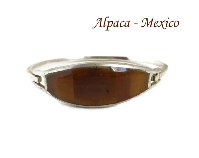 Vintage Alpaca Mexican Bangle - Wood Inlay Hinged Cuff Bracelet