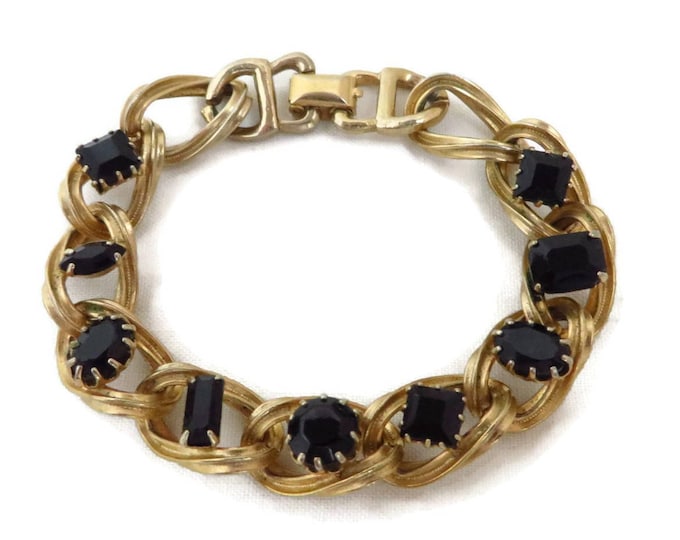 Black Rhinestone Bracelet - Vintage Gold Tone Chain Link Bracelet, Gift for Her