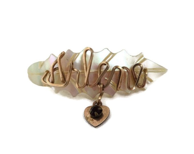 Mother of Pearl Name Brooch, Vintage Carved Shell Brooch, Gold Wire Script "Arlene", Dangling Heart Red Bead Brooch