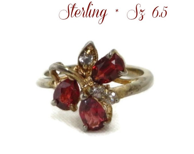 Faux Garnet Cocktail Ring, Vintage Gold Plated Sterling Silver Multi Stone Ring, Size 6.5
