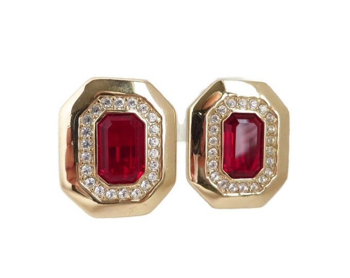 Vintage S.A.L. Swarovski Crystal Earrings, Ruby Red & Clear Rhinestone Earrings, Gold Tone Clip-on 1970s Jewelry