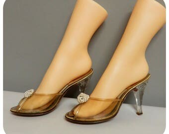Vintage 1950s Springolator Shoes Acrylic Carved Heels Peep Toe High Heel 37