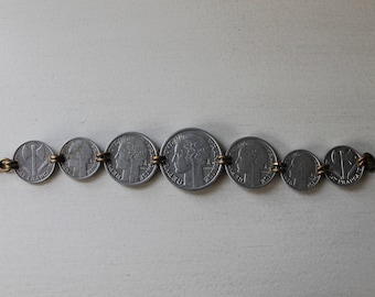 Vintage 1940s French Coin Bracelet, Silver Tone Metal, Jewelry
