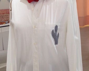 Customized Navy cactus blue gingham and lace vintage white shirt lace