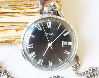 Rare Russian Pocket Watch Raketa with Chain Black Dial Men's pocket watch Working Soviet Vintage Mechanical watch,Retro watch USSR-80s