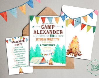 Camp Birthday Invitation, Watercolor Camp Invitation, Printable Camp Invitation, Gender Neutral Camp Invitation, Camping Birthday Invitation