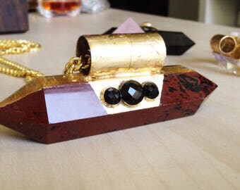 Red Obsidian Wand with Faceted Black Obsidian and Gold Leaf, Double Terminated Obsidian Wand, Black Obsidian Necklace,
