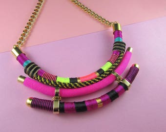 Tribal necklace, Bold necklace, Statement necklace,Thread necklace, Magenta necklace,Bib necklace, African necklace,ethnic necklace