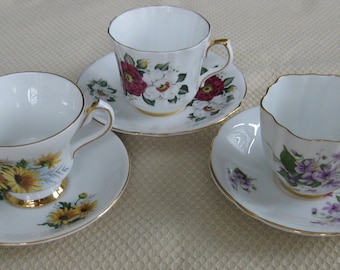 3 ROYAL LONDON CUPS and Saucers, Flowers, Bone China, Made in England