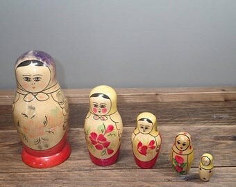 SALE Vintage Nesting Doll, Matryoshka Nesting Dolls, Wooden Stacking Doll, Russian Wooden Nesting Doll, Hand Painted Dolls, Russian Stacking