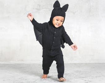 BAT SUIT Baby Halloween Costume for Toddler - Designer Bat Costume - Unique Handmade Knit Cotton Bat Kid's Cozy Romper - Blamo Toys