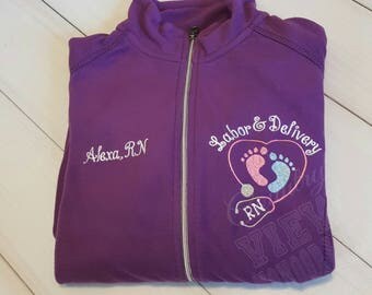 Labor and Delivery Nurse Fleece Jacket with FootPrints Stethoscope -RN LPN zipup light weight fleece jacket with several options-CURTSY