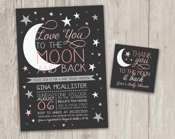 Love You to the Moon and Back Baby Shower Invitation, Moon and Stars Baby Shower Invitation with FREE matching favor tag | Printable