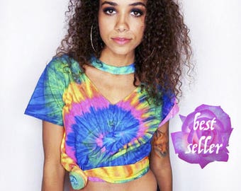 Tie Dye Shirt Music Festival Crop Top Tiedye Crop Top Rainbow Tie Dye Tumblr Choker Tshirt «« CD100neonrainbow «« (choker, td tee, rl) ««