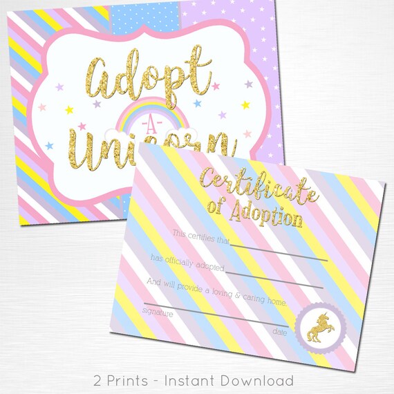 Adopt a Unicorn Certificate Unicorn Rainbow Birthday Party