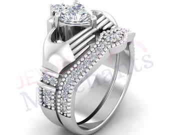 womens engagement ring set 320ct lab made white sapphire heart cut 925 sterling silver 14k - Claddagh Wedding Ring Set womens engagement ring set 320ct lab made white sapphire heart cut 925 sterling silver 14k - Claddagh Wedding Ring Set