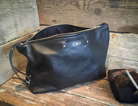 mens black leather toiletry bag