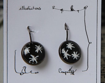 Hand painted * original illustration hand painted earrings * lever Earrings * white stars