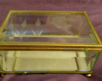 Glass jewelry or trinket box with etched butterfly and flowers, Butterfly decor, Butterfly motif, Butterfly, glass box, jewelry storage