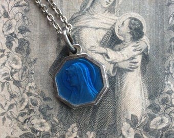 Vintage French Our Lady of Lourdes, Virgin Mary, Sterling silver and enamel charm pendant