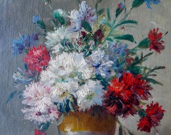 Vintage French Painting-Antique oil paintings-Floral pictures-French country decor Flower Painting-Carnation-Oil original-Wall Decor
