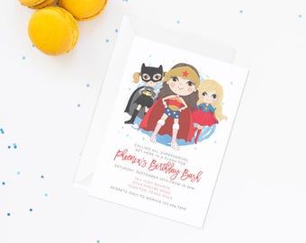 girl superhero invitation, superhero invitation, superhero party, superhero birthday, wonder woman invite