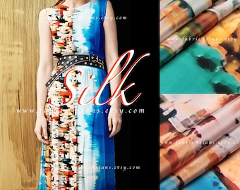 Printed silk blue silk crepe by the yard - achat crepe de soie au metre