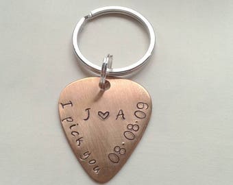 Personalized Hand Stamped Bronze Guitar Pick Keychain With I Pick You, Initials, Date & Heart Customized - 8th Anniversary Gift - Wedding