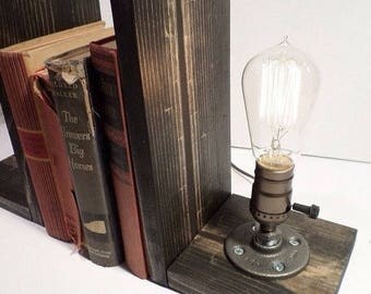 25% OFF SALE Bookend lamp-Steampunk lamp-Edison bulb lamp-Vintage table lamp-Bedside table lamp-Industrial wood lamp-Vintage Edison Lamp-Mod
