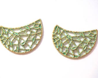 2 plant half moon connectors in gold metal and verdigris 31x22mm.