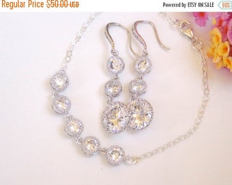 SALE Wedding Jewelry, Cubic Zirconia, Sterling Silver, Bridesmaids Gifts, Earrings and Bracelet, Mother's of the Bride Set, Dangle, Long,Gif