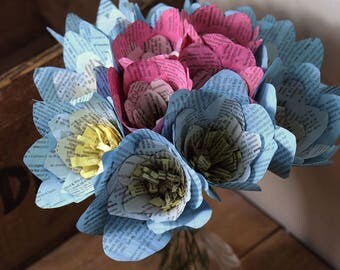Paper flower bouquet, first anniversary gift, handmade and hand dyed, recycled bouquet, book print pink and blue flowers
