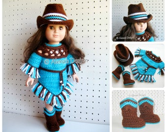 Crochet Pattern 3 PC Set for 18 in Doll Crochet Patterns Western Doll Outfit Boots Cowgirl Hat Fringe Dress American Girl Dolls Clothes AG