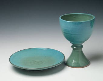 pottery communionware, ceramic chalice and paten set, liturgical vessels