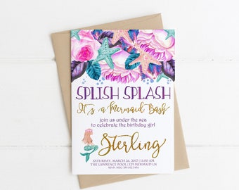 Mermaid Birthday Invitations, Under the Sea, Splish Splash Mermaid Bash, Gold Invite Printable, Swimming Party 1st, 2nd, 3rd, 4th, 5th, 6th