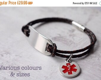Summer Sale Medical alert bracelet personalized - Medical alert charm- leather bracelet - free engraving