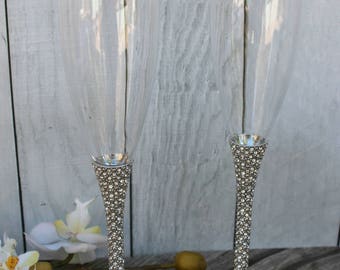 FAST SHIPPING!! Silver Swarovski Crystal Wedding toast Set, Champagne Glasses, Weeding Toasting flutes