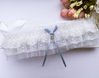 White something blue wedding garter, tulle garter, white garter, bridal garter, lingerie