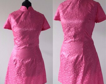 1960s Vintage MOD Dress, Cheongsam Oriental Hot Pink RETRO Scooter Dress, 60s GOGO Mini Dress, Mandarin Collar, uk 10 Small S