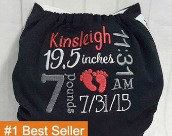 Birth Stats Cloth Diaper - Embroidered Custom Diaper - WAHM Cloth Diaper - Embroidered Diaper Cover - Custom Pocket Diaper - Custom Bloomers