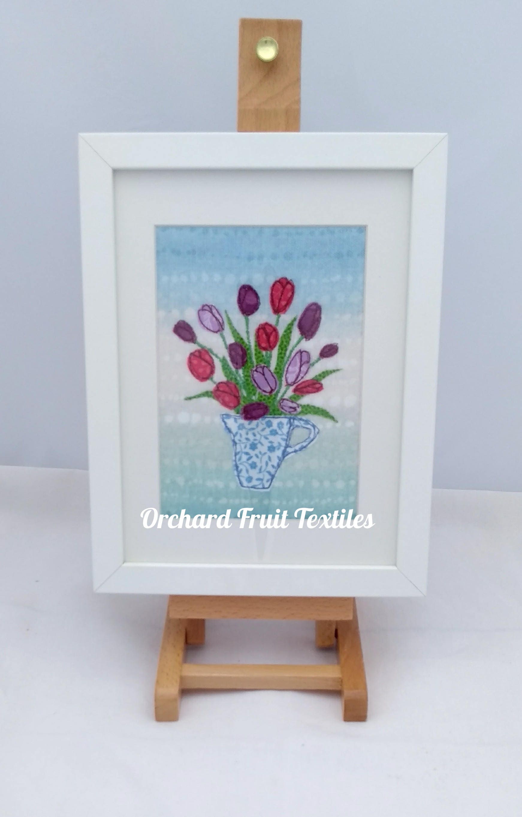 Original Textile Art Framed Embroidery Jug of tulips